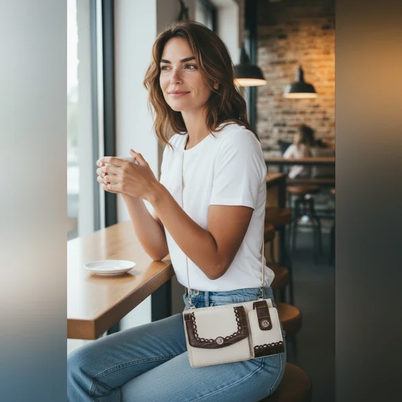 BRIGHTON Enchanted Off White/Cream and Brown Leather Crossbody Bag w Dust Bag